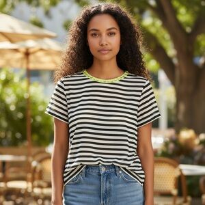 LOFT Striped Gray and White Blouse with Neon Neckline and Jewel Accents